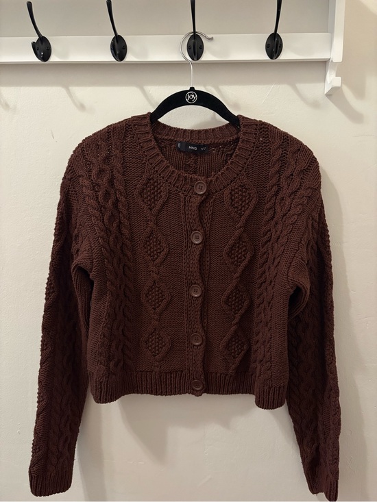 Mango Sweaters - Mango Chocolate Brown Cropped Cable Knit Cardigan